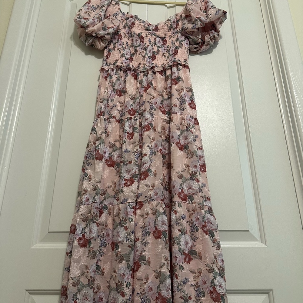 Pink floral tiered smocked maxi dress